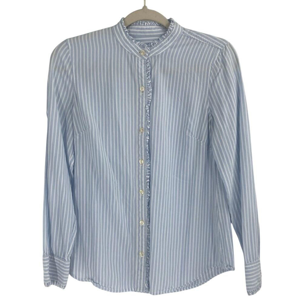 Vineyard Vines Blue Pinstriped Ruffle Button Tencel Rayon Blouse Women’s Size 4